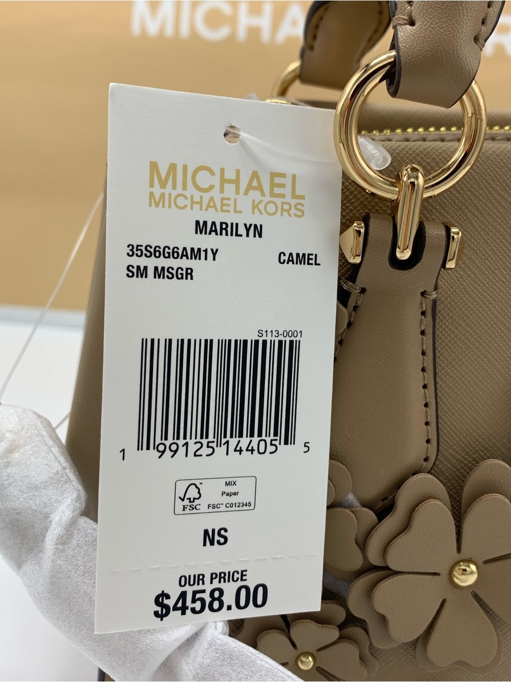 NWT Michael Kors Marilyn  Camel Floral Applique Satchel - Picture 13 of 15